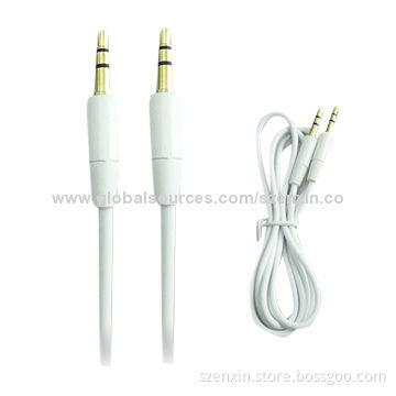 White audio cable, male-to-male, 3.5mm connector